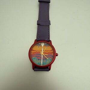 Vintage Laurel Burch Rainbow Cats  Wristwatch Purple Leather Animal Print Dial